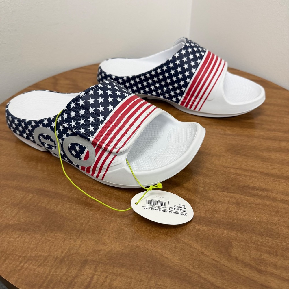 Oofos OOahh Sport Flex Limited Sandals Mens 10 White American Flag Stars Stripes
